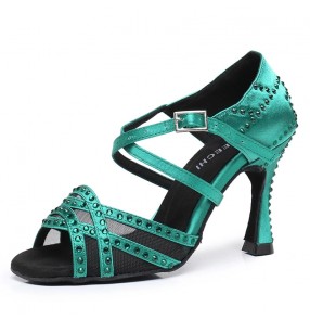 Women latin shoes green red gemstones handmade professional competition salsa rumba chacha tango waltz dance soft soles sandals shoe